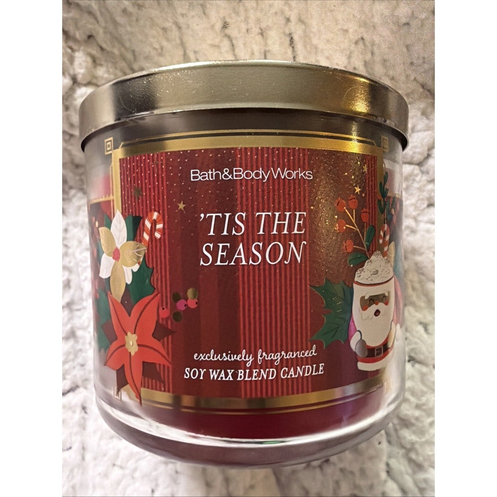 Bath & Body Works White Barn 'Tis The Season 3-Wick Candle Red 14.5 oz NIP XMAS